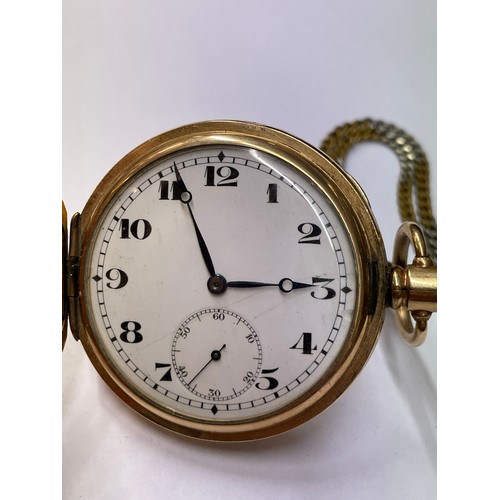 736 - ROLLED GOLD CASED FULL HUNTER POCKET WATCH ON CHAIN