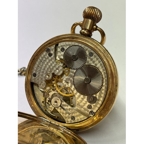 736 - ROLLED GOLD CASED FULL HUNTER POCKET WATCH ON CHAIN