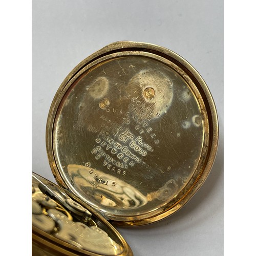 736 - ROLLED GOLD CASED FULL HUNTER POCKET WATCH ON CHAIN