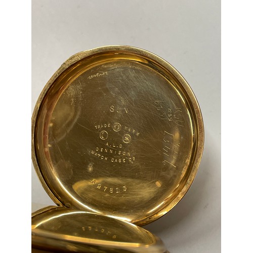 736 - ROLLED GOLD CASED FULL HUNTER POCKET WATCH ON CHAIN