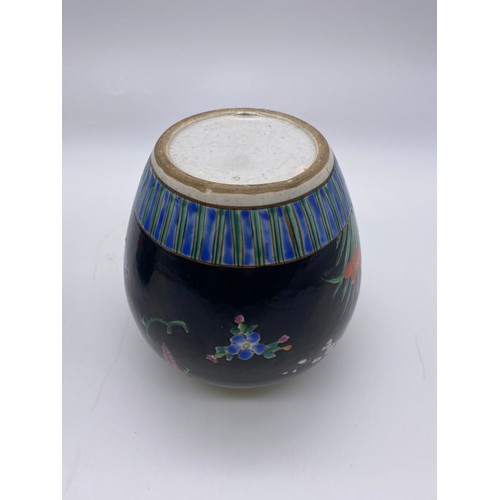 753 - PAIR OF CHINESE FAMILLE NOIR OVOID VASES DECORATED WITH FLOWERS 15cm H