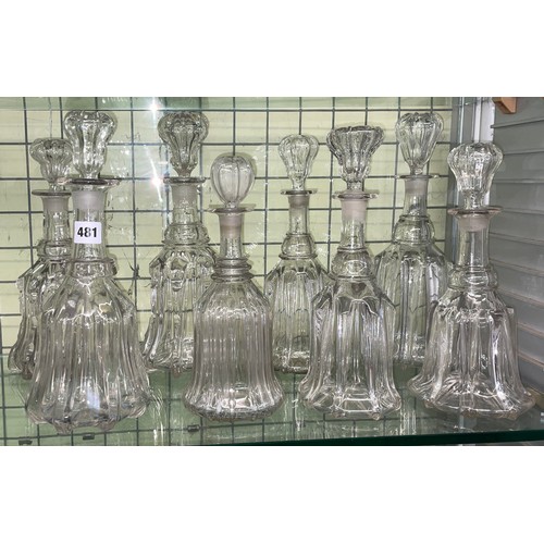 481 - EIGHT 19TH CENTURY RIBBED MALLET DECANTERS AND STOPPERS