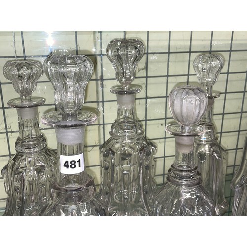 481 - EIGHT 19TH CENTURY RIBBED MALLET DECANTERS AND STOPPERS