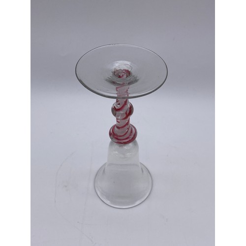 869 - 18TH CENTURY WINE GLASS WITH BELL BOWL ON A KNOPPED RUBY AND OPAQUE AIR TWIST STEM