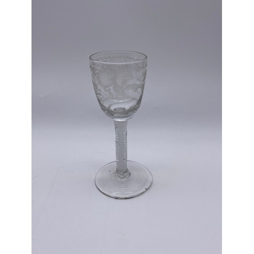 872 - WINE GLASS WITH WHITE OPAQUE AIR TWIST STEM WITH ETCHED BELL BOWL