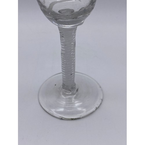 872 - WINE GLASS WITH WHITE OPAQUE AIR TWIST STEM WITH ETCHED BELL BOWL