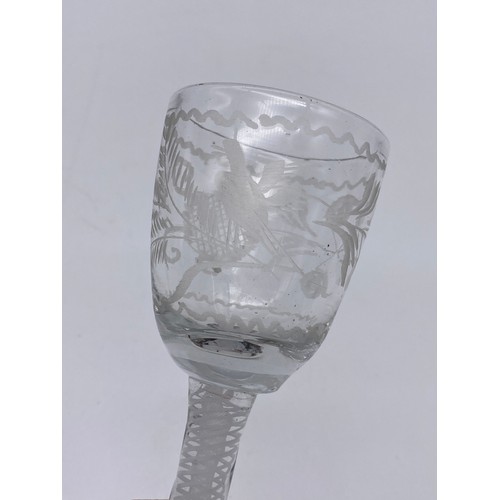 872 - WINE GLASS WITH WHITE OPAQUE AIR TWIST STEM WITH ETCHED BELL BOWL