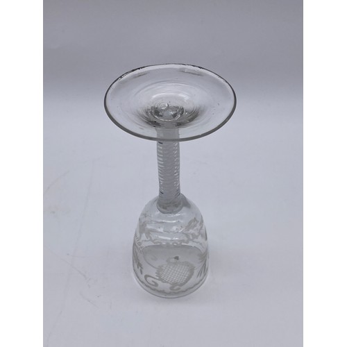 872 - WINE GLASS WITH WHITE OPAQUE AIR TWIST STEM WITH ETCHED BELL BOWL