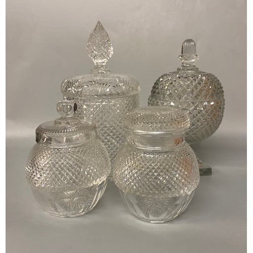 489 - CUT HOBNAIL BANDED GLASS BISCUIT BARRELLS AND JARS AND COVERS