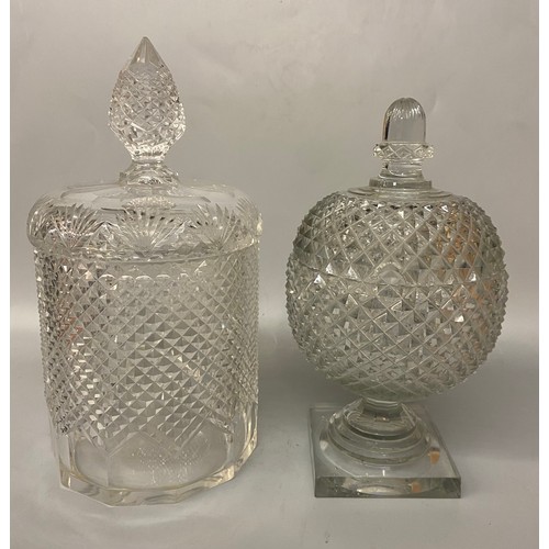 489 - CUT HOBNAIL BANDED GLASS BISCUIT BARRELLS AND JARS AND COVERS