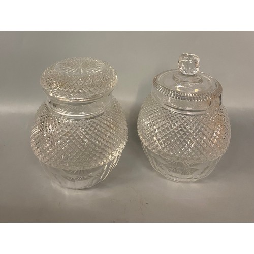 489 - CUT HOBNAIL BANDED GLASS BISCUIT BARRELLS AND JARS AND COVERS