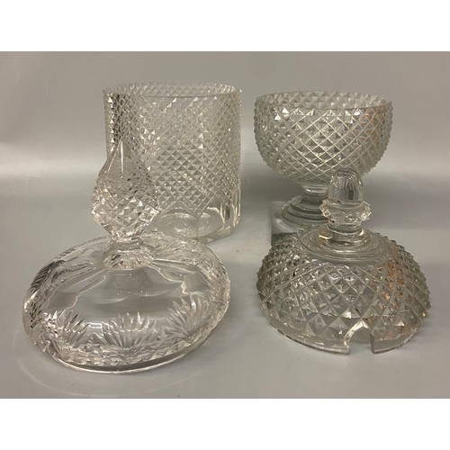 489 - CUT HOBNAIL BANDED GLASS BISCUIT BARRELLS AND JARS AND COVERS