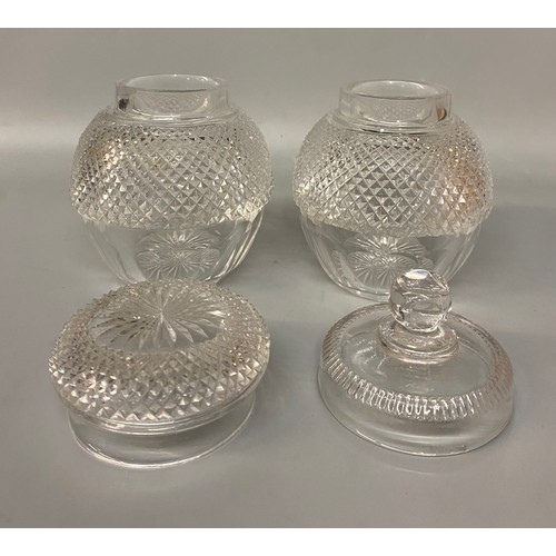 489 - CUT HOBNAIL BANDED GLASS BISCUIT BARRELLS AND JARS AND COVERS