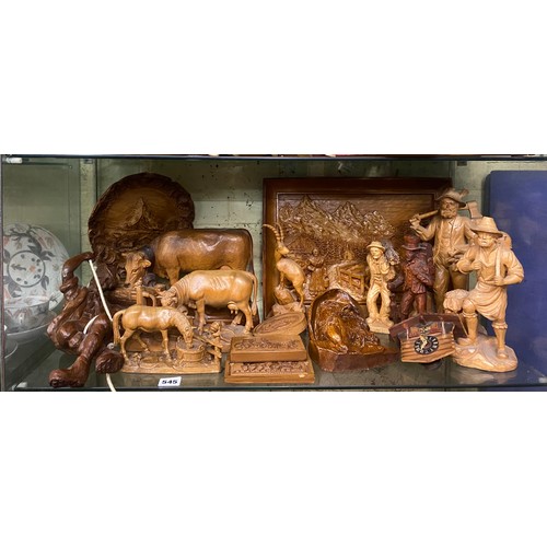 545 - CARVED BAVARIAN STYLE FIGURES, ANIMALS AND RELIEF WALL PLAQUES