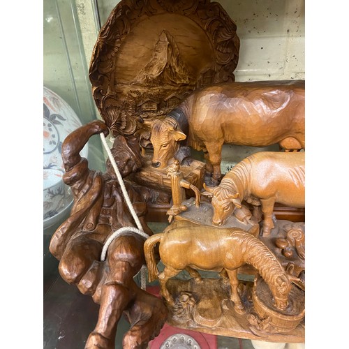 545 - CARVED BAVARIAN STYLE FIGURES, ANIMALS AND RELIEF WALL PLAQUES