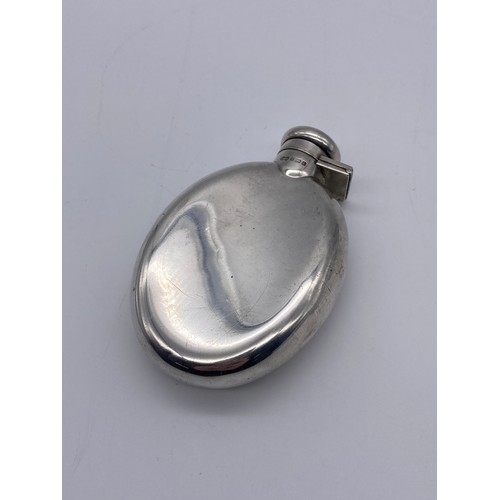 446 - BIRMINGHAM SILVER OVAL CONVEX SPIRIT FLASK 3.5 OZ APPROX