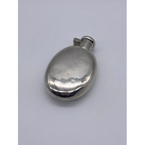 446 - BIRMINGHAM SILVER OVAL CONVEX SPIRIT FLASK 3.5 OZ APPROX