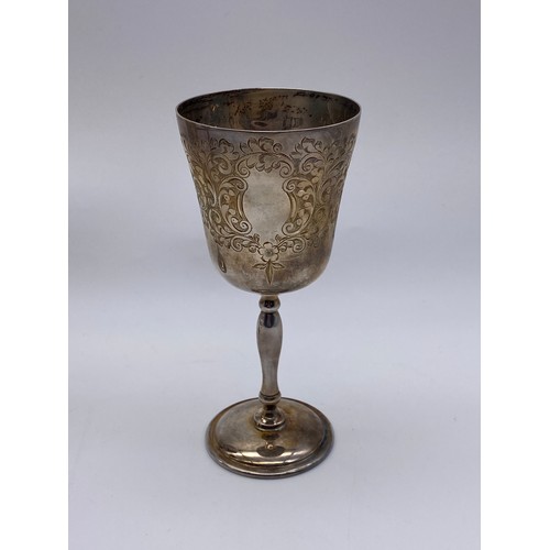 439 - THREE BIRMINGHAM SILVER ENGRAVED GOBLETS 13.2 OZ OVERALL APPROX