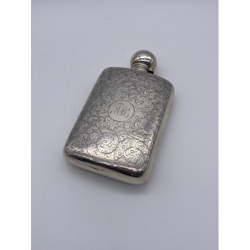 410 - BIRMINGHAM SILVER ENGRAVED SLIGHTLY CONVEX HIP FLASK BY GEORGE UNITE 6.6OZ APPROX