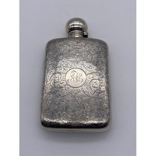 410 - BIRMINGHAM SILVER ENGRAVED SLIGHTLY CONVEX HIP FLASK BY GEORGE UNITE 6.6OZ APPROX