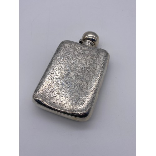 410 - BIRMINGHAM SILVER ENGRAVED SLIGHTLY CONVEX HIP FLASK BY GEORGE UNITE 6.6OZ APPROX