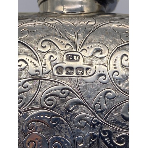 410 - BIRMINGHAM SILVER ENGRAVED SLIGHTLY CONVEX HIP FLASK BY GEORGE UNITE 6.6OZ APPROX