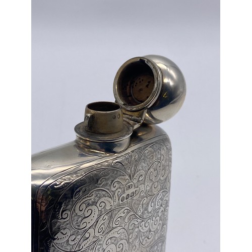 410 - BIRMINGHAM SILVER ENGRAVED SLIGHTLY CONVEX HIP FLASK BY GEORGE UNITE 6.6OZ APPROX