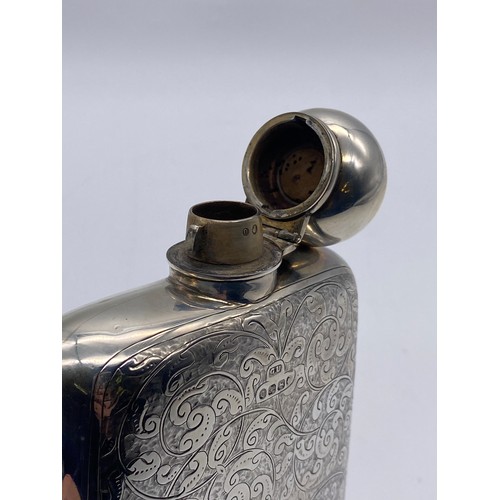 410 - BIRMINGHAM SILVER ENGRAVED SLIGHTLY CONVEX HIP FLASK BY GEORGE UNITE 6.6OZ APPROX