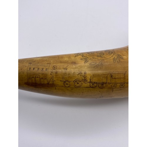 787 - ANTIQUE HORN WITH INTERESTING SCRIMSHAW DECORATION OF STEAM LOCOMOTIVE, BUILDINGS AND SAILING SHIPS ... 