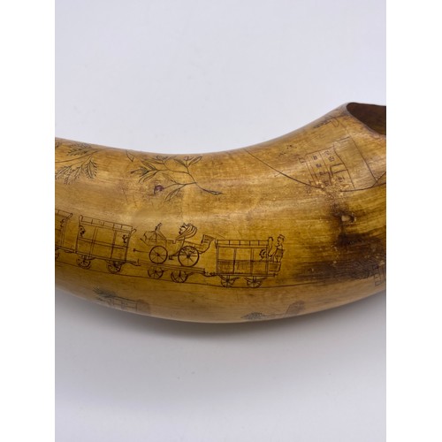 787 - ANTIQUE HORN WITH INTERESTING SCRIMSHAW DECORATION OF STEAM LOCOMOTIVE, BUILDINGS AND SAILING SHIPS ... 