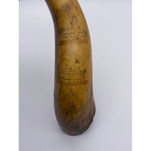 787 - ANTIQUE HORN WITH INTERESTING SCRIMSHAW DECORATION OF STEAM LOCOMOTIVE, BUILDINGS AND SAILING SHIPS ... 