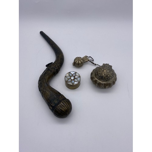 829 - MOROCCAN METALWARE POWDER FLASK, FAR EASTERN METALWARE BETEL BOX ON CHAIN AND A PILL BOX