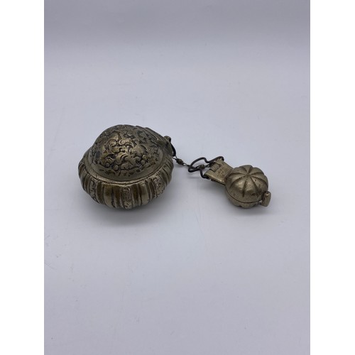 829 - MOROCCAN METALWARE POWDER FLASK, FAR EASTERN METALWARE BETEL BOX ON CHAIN AND A PILL BOX