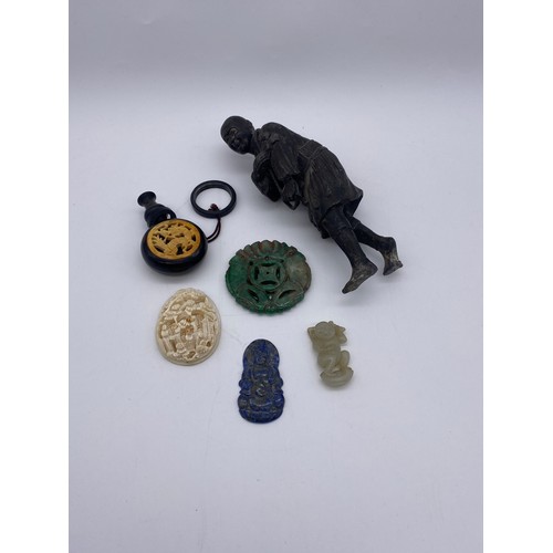 775 - SMALL SELECTION OF LAPIS LAZULI CARVED BUDDHA, JADE CARVING OF A BOY, CARVED MINIATURE MOON FLASK, A... 