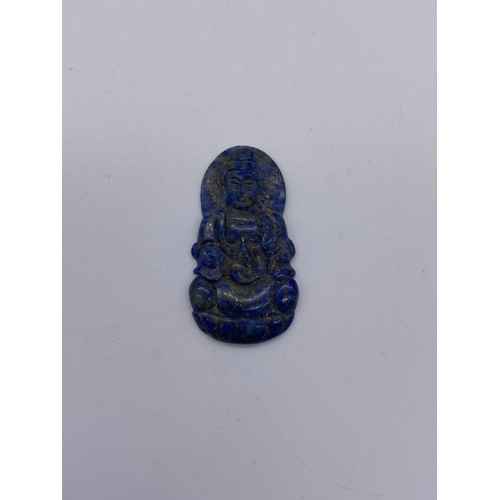 775 - SMALL SELECTION OF LAPIS LAZULI CARVED BUDDHA, JADE CARVING OF A BOY, CARVED MINIATURE MOON FLASK, A... 