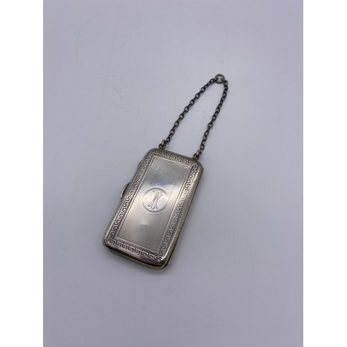 412 - CHESTER SILVER CIGARETTE CASE ON CHAIN WITH GREEK KEY AND ENGINE TURNED DECORATION 1.9OZ APPROX