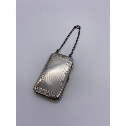 412 - CHESTER SILVER CIGARETTE CASE ON CHAIN WITH GREEK KEY AND ENGINE TURNED DECORATION 1.9OZ APPROX