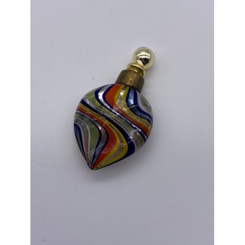 843 - MOON FLASK AND HEART MULTI COLOURED GLASS SCENT PHIALS WITH STOPPERS