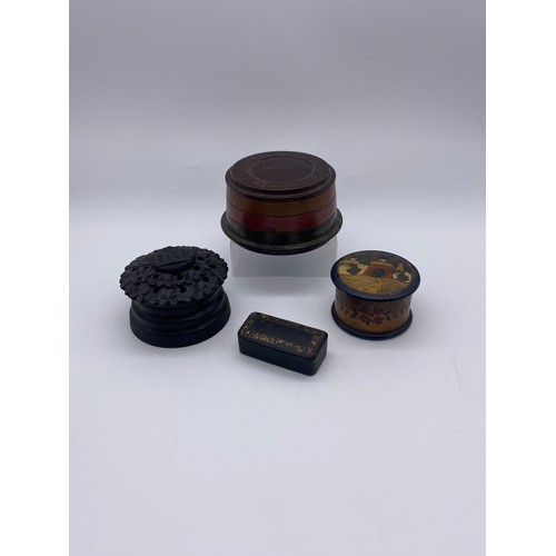 826 - BOG OAK TURNED BOX AND COVER, PAPIER MACHE SNUFF BOX, AND TWO OTHER PAINTED BOXES