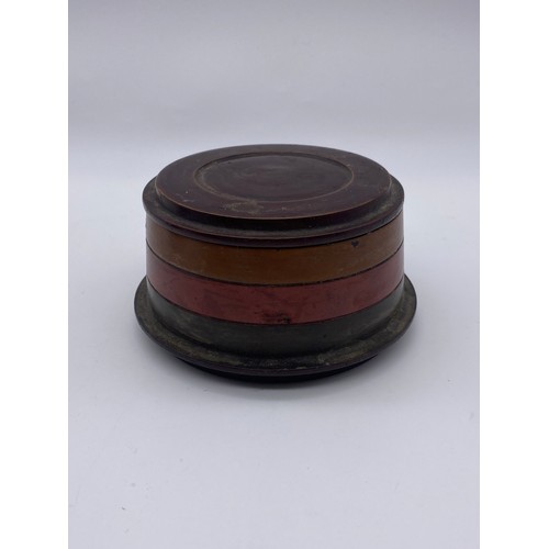 826 - BOG OAK TURNED BOX AND COVER, PAPIER MACHE SNUFF BOX, AND TWO OTHER PAINTED BOXES