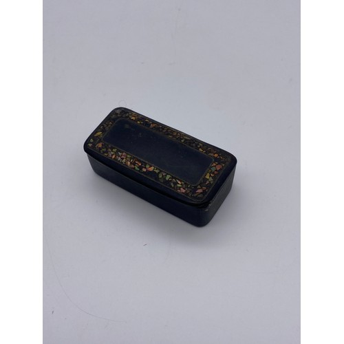 826 - BOG OAK TURNED BOX AND COVER, PAPIER MACHE SNUFF BOX, AND TWO OTHER PAINTED BOXES