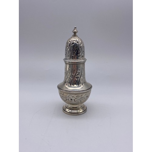 417 - BIRMINGHAM SILVER BALUSTER SIFTER WITH ENGRAVED DECORATION 5.8 OZ APPROX