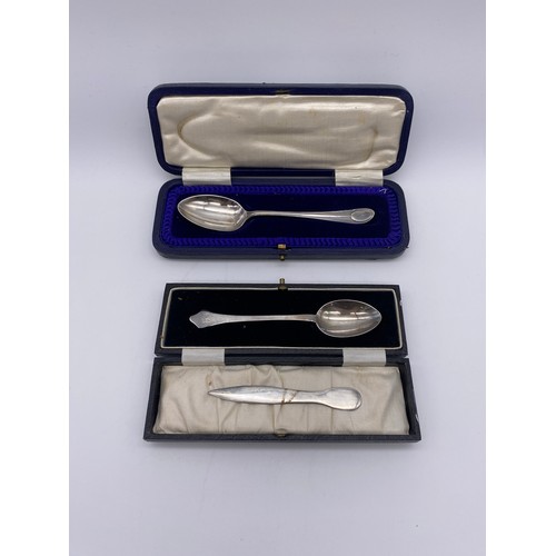 425 - CASED SHEFFIELD SILVER SPOON AND A LONDON SILVER AND LETTER OPENER, AND CASED SILVER TREFID TOP SPOO... 