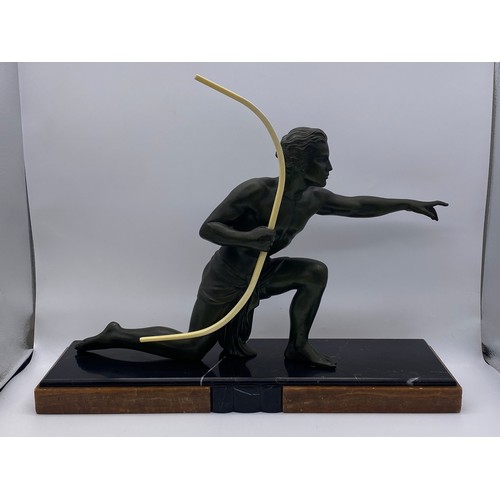 703 - 1930S URIANO ART DECO SCULPTURE OF THE KNEELING ARCHER ON BLACK MARBLE BASE