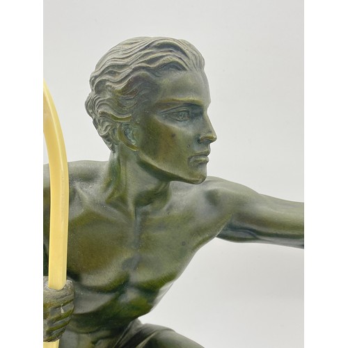 703 - 1930S URIANO ART DECO SCULPTURE OF THE KNEELING ARCHER ON BLACK MARBLE BASE