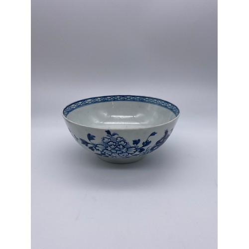 748 - ENGLISH BLUE AND WHITE FLORAL DECORATED BOWL 20cm D