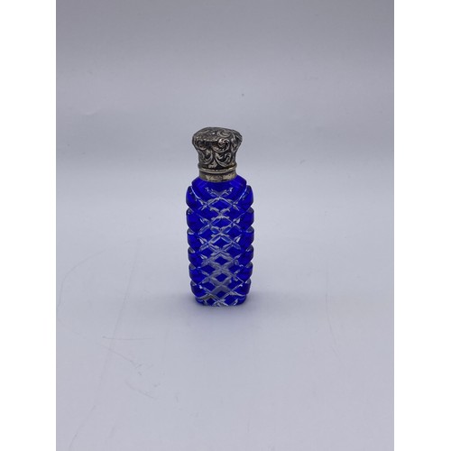 850 - BRISTOL BLUE HOBNAIL CUT SCENT BOTTLE WITH EMBOSSED SIVER TOP (STOPPER MISSING)