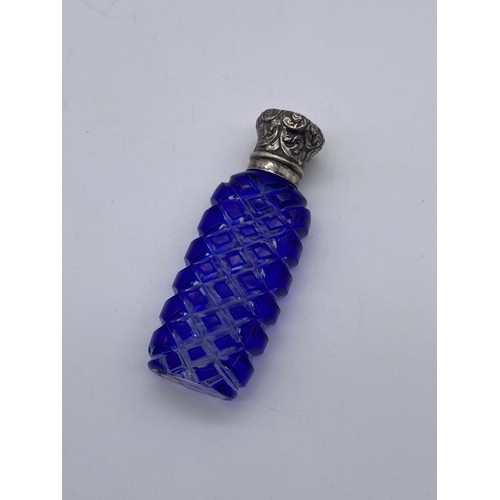 850 - BRISTOL BLUE HOBNAIL CUT SCENT BOTTLE WITH EMBOSSED SIVER TOP (STOPPER MISSING)