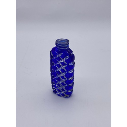 850 - BRISTOL BLUE HOBNAIL CUT SCENT BOTTLE WITH EMBOSSED SIVER TOP (STOPPER MISSING)