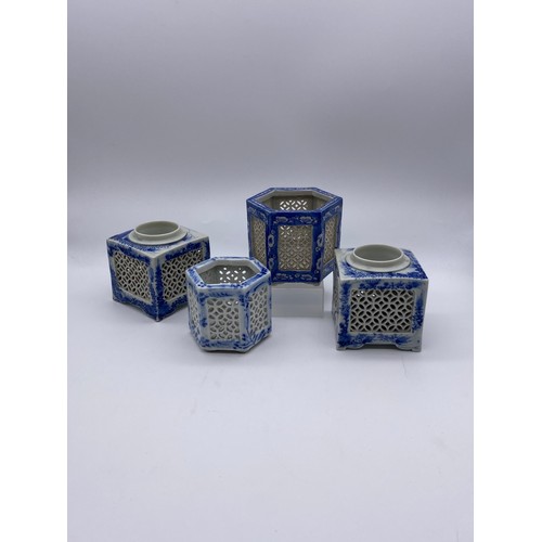 763 - CHINESE BLUE AND WHITE PATTERN CRICKET JARS AND TWO HEXAGONAL RETICULATED VASES